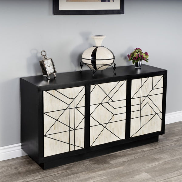 HomeRoots 59" Modern Natural and Black Sideboard with 3 Doors - Stylish Storage Solution for Any Space! 389757