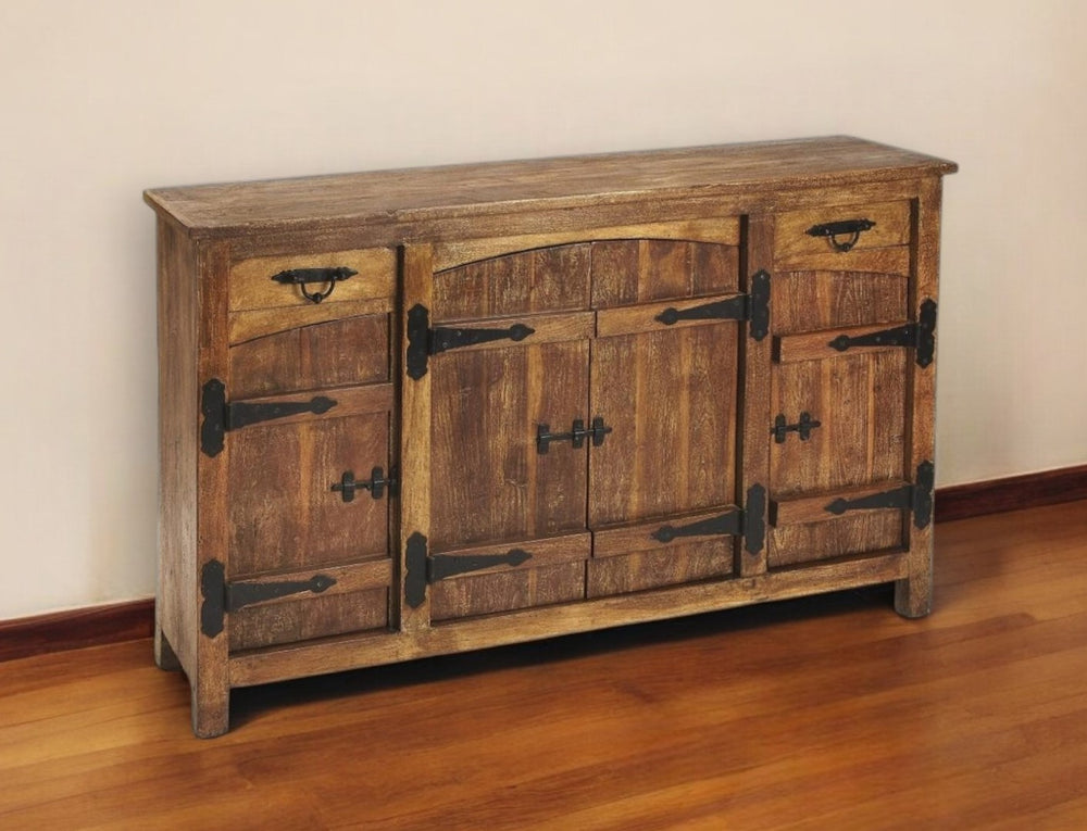 HomeRoots 60" Brown Solid Wood Sideboard with Adjustable Shelves, Two Drawers & Timeless Design for Storage 389761