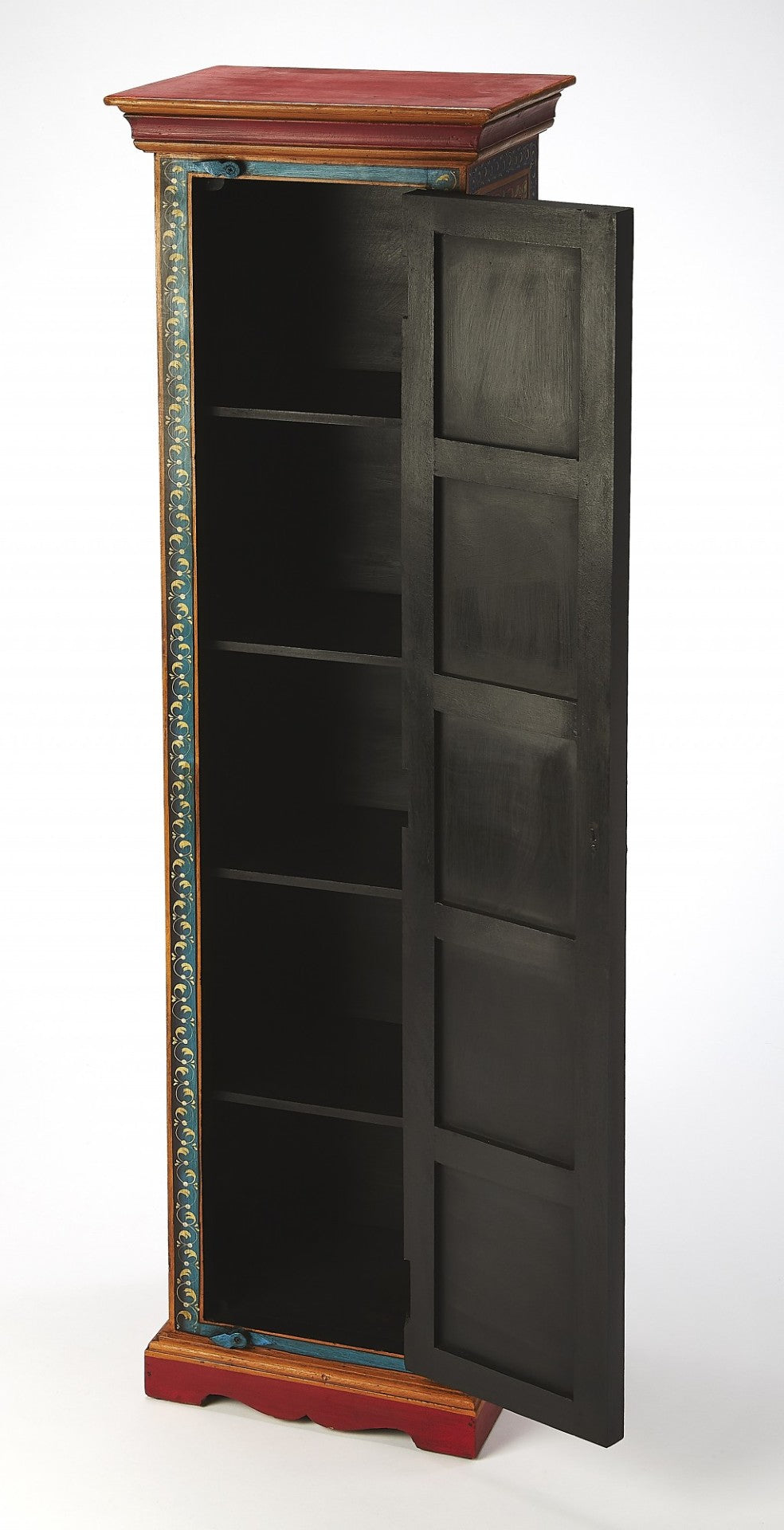HomeRoots 60" Hand-Painted Accent Cabinet in Red, Blue & Gold - Bohemian Design with Unique Storage Solutions 389766