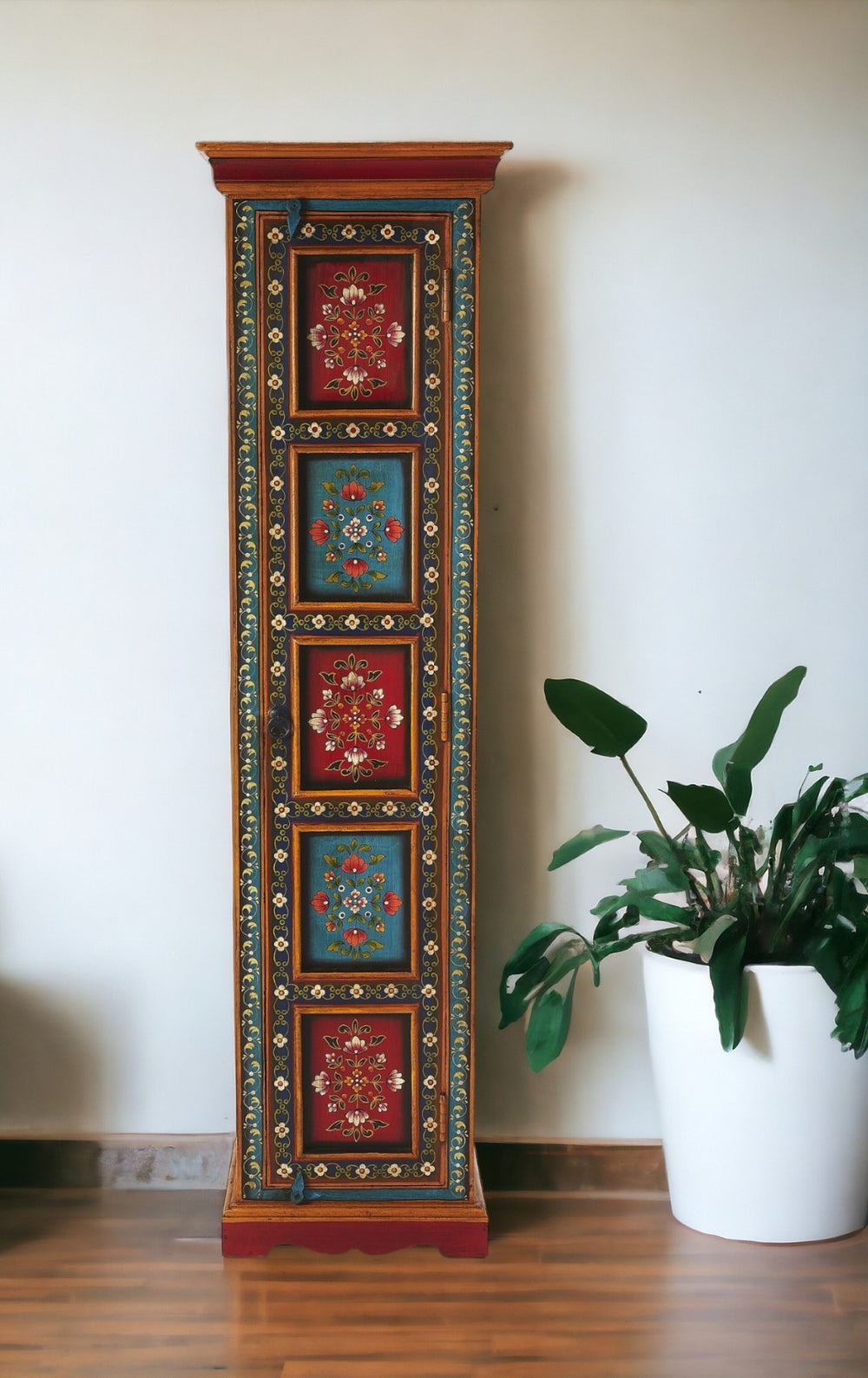 HomeRoots 60" Hand-Painted Accent Cabinet in Red, Blue & Gold - Bohemian Design with Unique Storage Solutions 389766