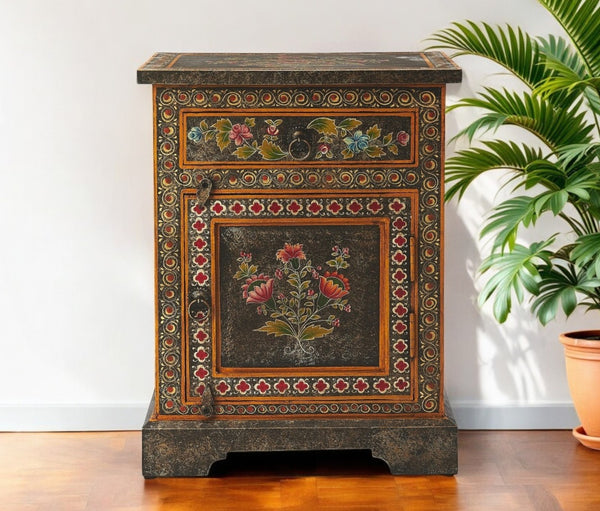 HomeRoots 18" Handcrafted Dark Brown Solid Wood Accent Cabinet with Floral Design & Two Storage Drawers 389768