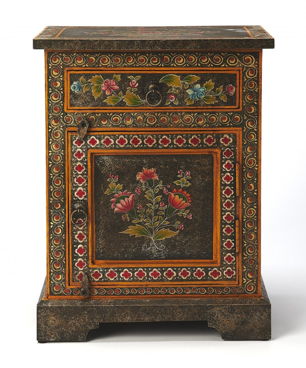 HomeRoots 18" Handcrafted Dark Brown Solid Wood Accent Cabinet with Floral Design & Two Storage Drawers 389768