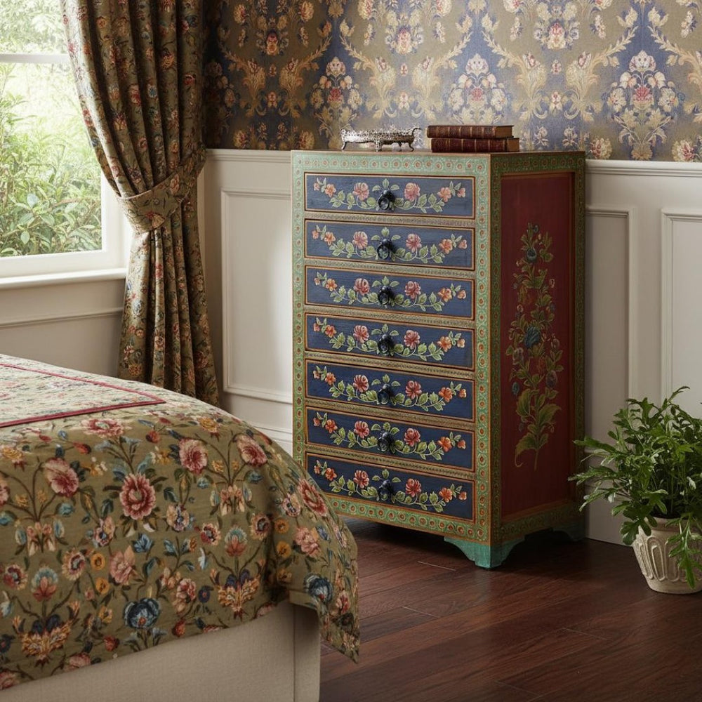 HomeRoots 21" Blue and Green Solid Wood Seven Drawer Chest - Stylish Space-Saving Storage for Small Rooms! 389771