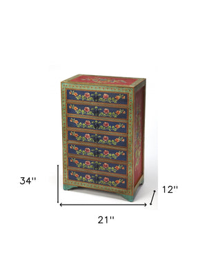 Homeroots 21" Blue And Green Solid Wood Seven Drawer Standard Chest  Solid Wood 389771