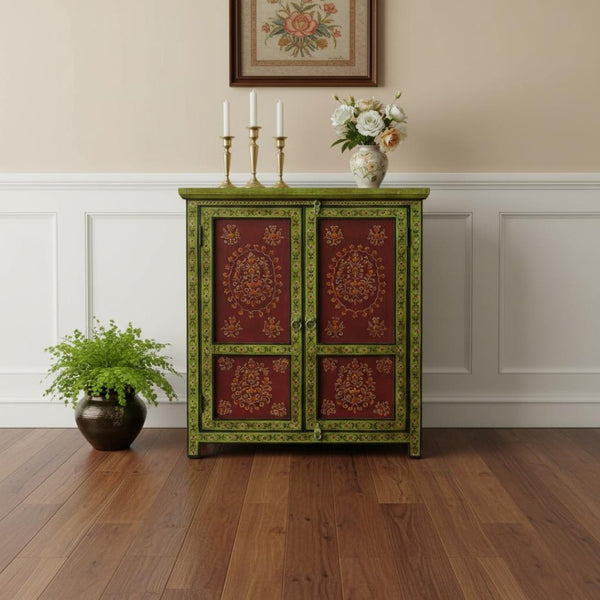 HomeRoots Disha Hand-Painted Floral Storage Chest – Stylish Cabinet for Entryway, Bedroom, or Dining Room 389772