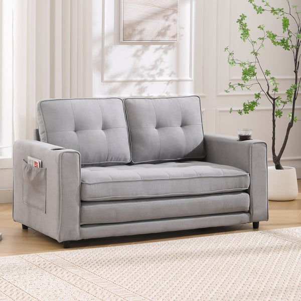 English Elm {VIDEO 3-in-1 Upholstered Futon Sofa Bed Convertible Loveseat with Tufted Back, Cup Holders & Side Pockets Light Gray W2325P183182