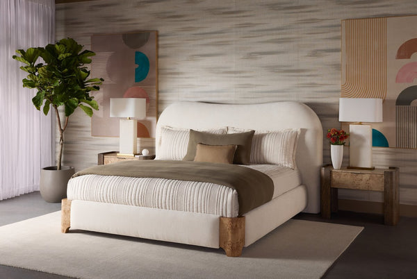 Sunpan KNOWLES Bed - King Size in Eclipse White - Elegant Curved Design with Unique Maple Burl Accents 112131