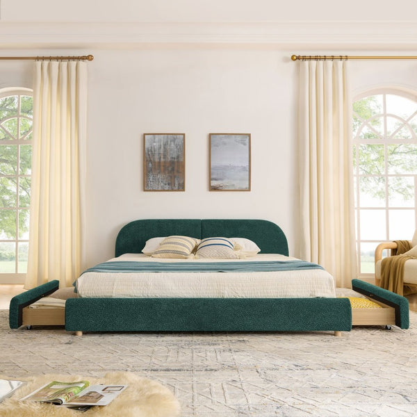English Elm King Upholstered Storage Bed Curved Headboard Circle Yarn Fabric Modern Minimalist Frame Green W487S00471