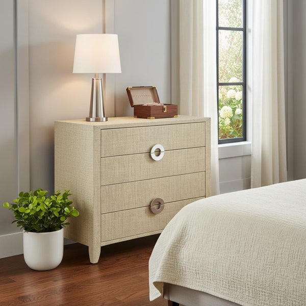 HomeRoots 34" Modern Manufactured Wood Four Drawer Chest – Stylish Storage Solution for Compact Spaces Beige 389804