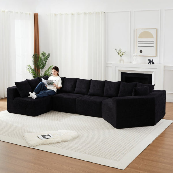 English Elm [video]151.6-inch Modular Chenille Sectional with Deep Seats and Chaise for Open Living Spaces Black W3505S00059