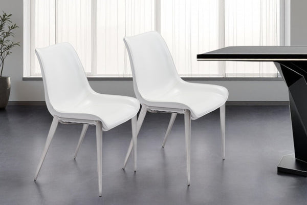 HomeRoots Set of Two Elegant White Faux Leather Dining Chairs with Silver Frame for Modern Spaces 389845