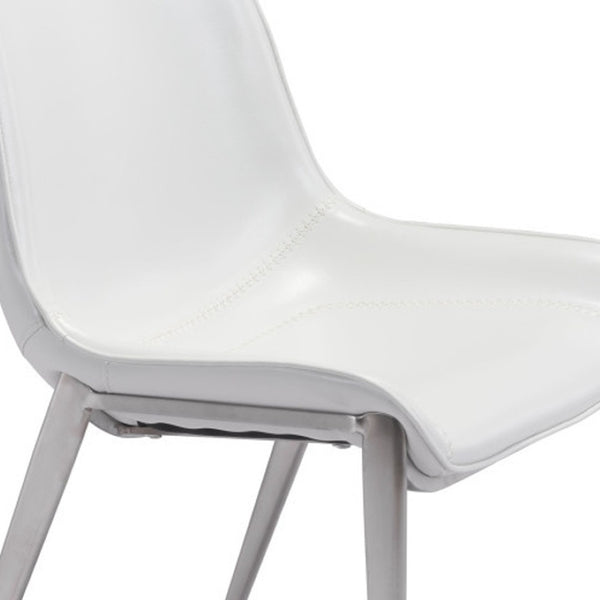 HomeRoots Set of Two Elegant White Faux Leather Dining Chairs with Silver Frame for Modern Spaces 389845
