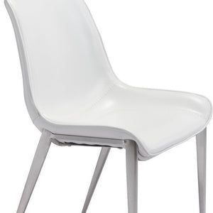 HomeRoots Set of Two Elegant White Faux Leather Dining Chairs with Silver Frame for Modern Spaces 389845