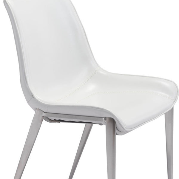 HomeRoots Set of Two Elegant White Faux Leather Dining Chairs with Silver Frame for Modern Spaces 389845