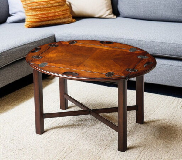 HomeRoots 30" Brown and Dark Brown Oval Coffee Table - Versatile Convertible Design for Modern Living Spaces 389889