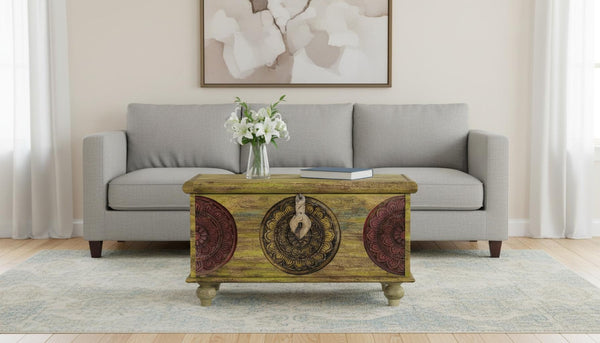 HomeRoots 33" Rustic Distressed Wood Coffee Table with Green Base - Stylish & Functional Centerpiece for Any Space 389890
