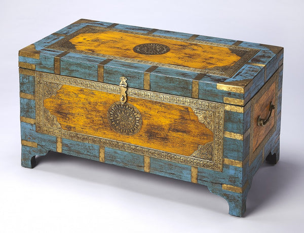 Homeroots Hand Painted Brass Inlay Solid Wood Storage Trunk   389891