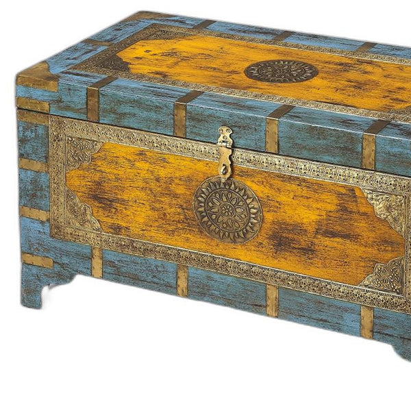 Homeroots Hand Painted Brass Inlay Solid Wood Storage Trunk   389891