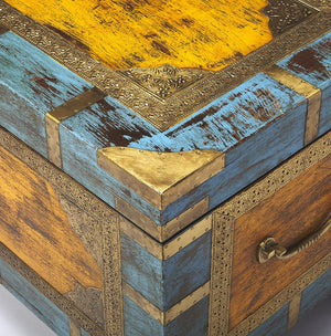 Homeroots Hand Painted Brass Inlay Solid Wood Storage Trunk   389891