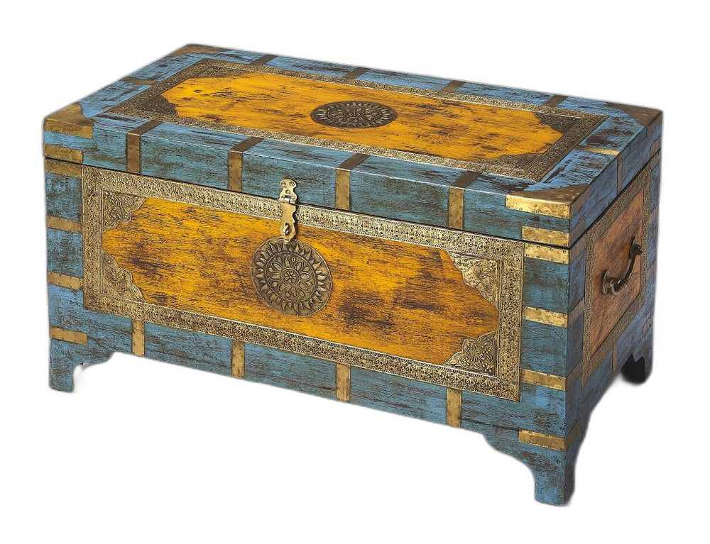 Homeroots Hand Painted Brass Inlay Solid Wood Storage Trunk   389891