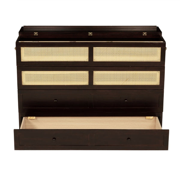 English Elm Queen Size Murphy Bed - Elegant Pine Cabinet With Rattan Accents, Espresso Finish & Storage Drawer W504S00230-GIGA