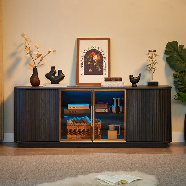 English Elm 64-Inch Wavy Tv Cabinet With Tempered Glass Doors, Led Lighting & Modern Design For Stylish Storage W1162P309027