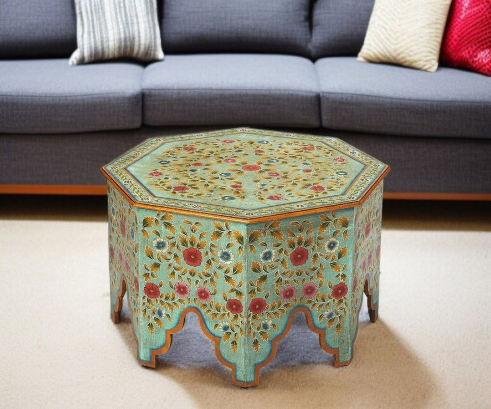 HomeRoots 29" Hand-Painted Green Hexagon Floral Coffee Table - Unique Vintage Accent Piece for Stylish Spaces 389932