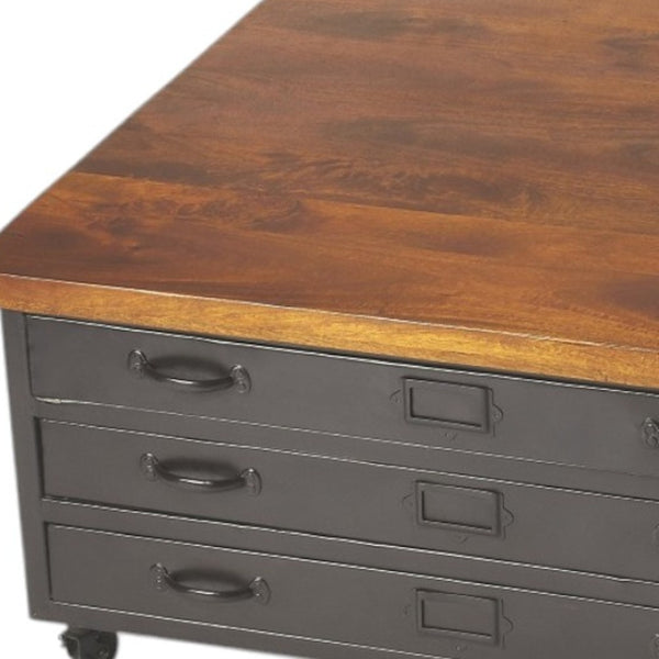 HomeRoots 36" Brown and Gray Solid Wood Coffee Table with Metal Base and 3 Stylish Pull-Out Drawers for Storage 389935