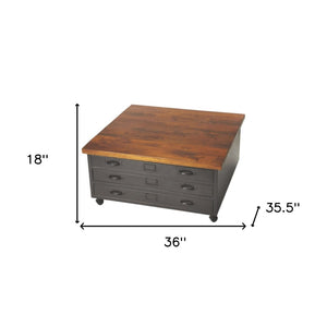 HomeRoots 36" Brown and Gray Solid Wood Coffee Table with Metal Base and 3 Stylish Pull-Out Drawers for Storage 389935