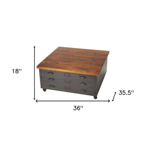 HomeRoots 36" Brown and Gray Solid Wood Coffee Table with Metal Base and 3 Stylish Pull-Out Drawers for Storage 389935