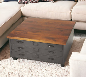 Homeroots 36" Brown And Gray Wood And Metal Square Coffee Table   389935