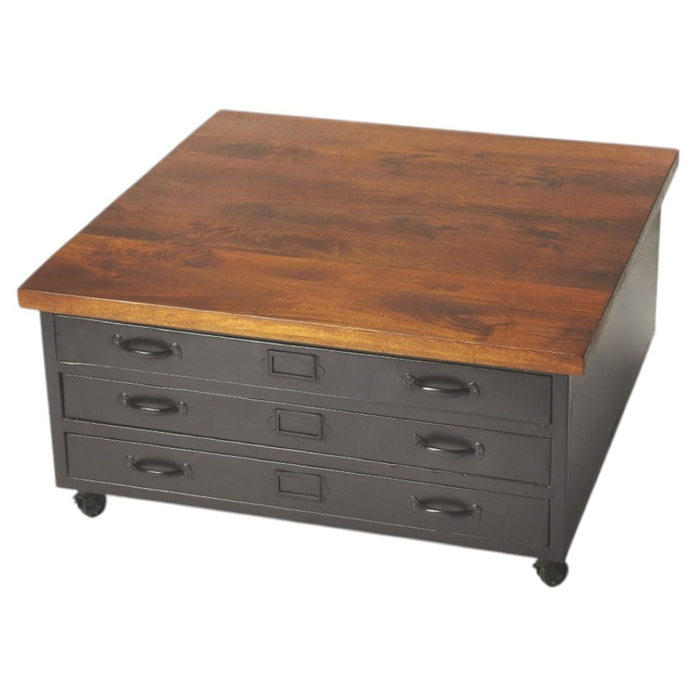 HomeRoots 36" Brown and Gray Solid Wood Coffee Table with Metal Base and 3 Stylish Pull-Out Drawers for Storage 389935