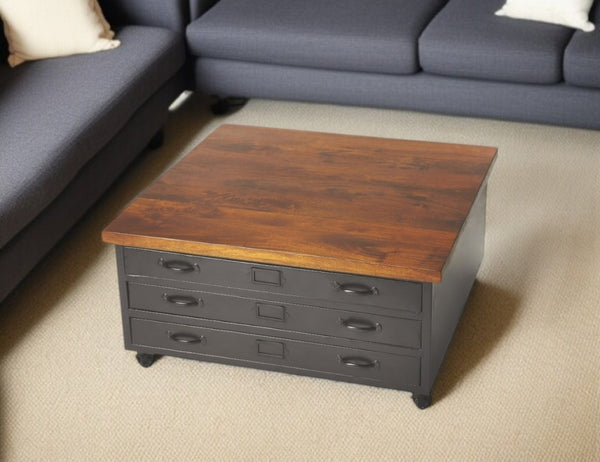 HomeRoots 36" Brown and Gray Solid Wood Coffee Table with Metal Base and 3 Stylish Pull-Out Drawers for Storage 389935