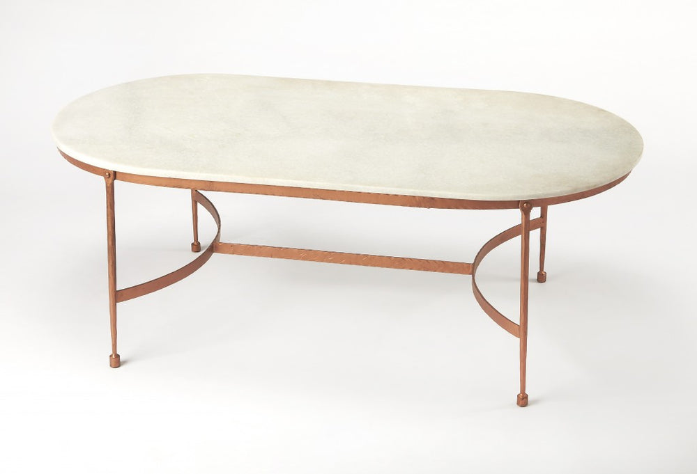 Homeroots 47" White And Copper Genuine Marble And Metal Oval Coffee Table   389937