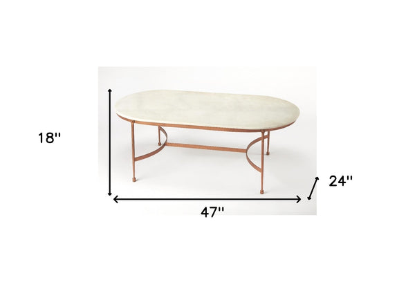 Homeroots 47" White And Copper Genuine Marble And Metal Oval Coffee Table   389937