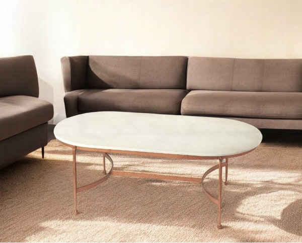 Homeroots 47" White And Copper Genuine Marble And Metal Oval Coffee Table   389937