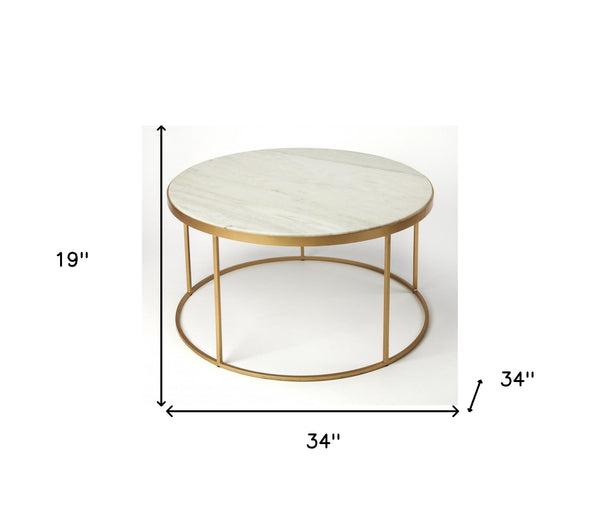 Homeroots 34" Multi-color And Off White Marble And Metal Round Coffee Table   389941