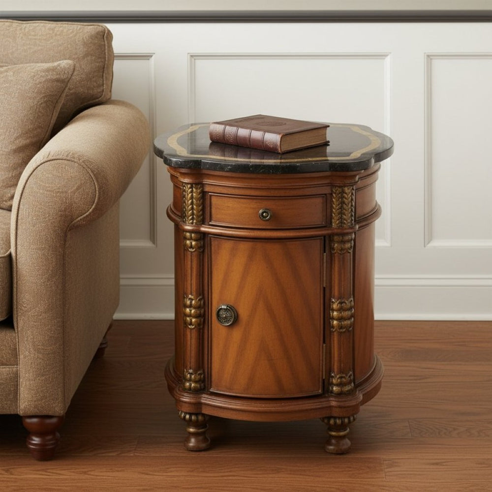 HomeRoots 20" Contemporary Free-Form Black Stone & Brown Wood Coffee Table with Drawer for Stylish Living Spaces 389943