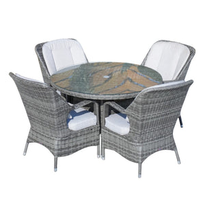 HomeRoots Five-Piece Gray Round Glass Dining Set – Stylish Comfort with Armchairs & Matching Sideboard for Any Space 389968