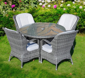 HomeRoots Five-Piece Gray Round Glass Dining Set – Stylish Comfort with Armchairs & Matching Sideboard for Any Space 389968