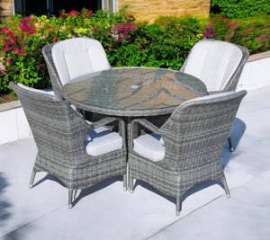 HomeRoots Five-Piece Gray Round Glass Dining Set – Stylish Comfort with Armchairs & Matching Sideboard for Any Space 389968