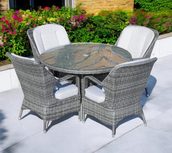 HomeRoots Five-Piece Gray Round Glass Dining Set – Stylish Comfort with Armchairs & Matching Sideboard for Any Space 389968