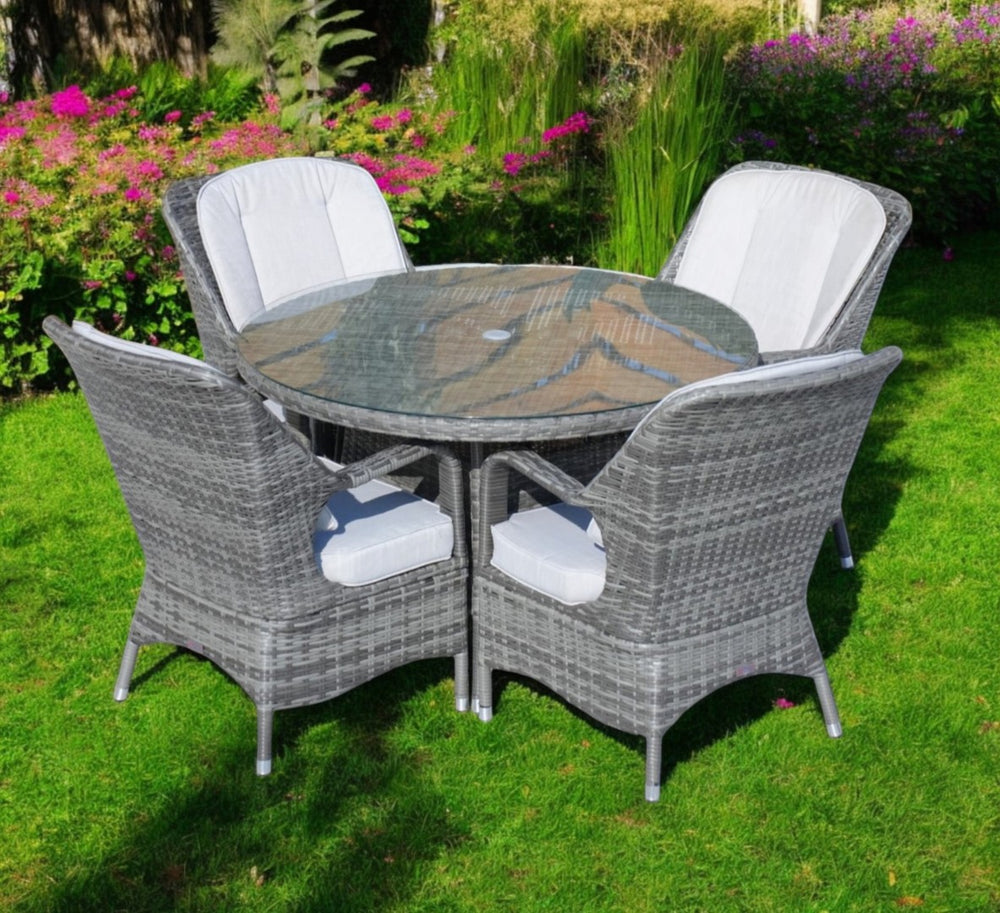 HomeRoots Five-Piece Gray Round Glass Dining Set – Stylish Comfort with Armchairs & Matching Sideboard for Any Space 389968