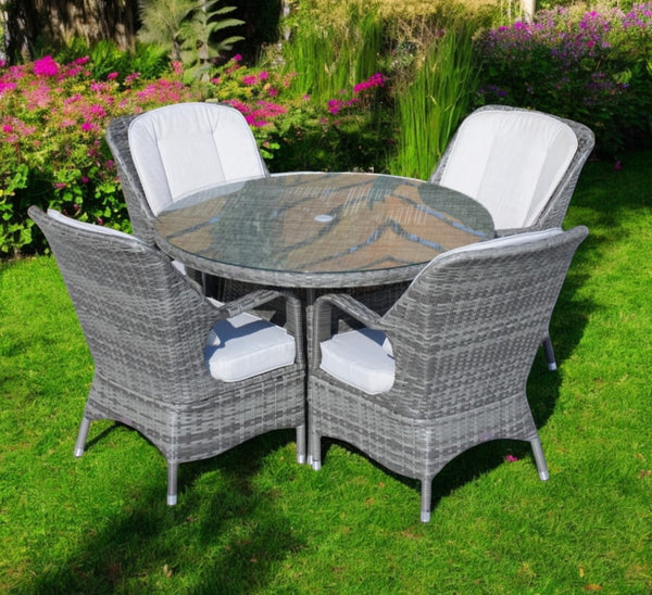 HomeRoots Five-Piece Gray Round Glass Dining Set – Stylish Comfort with Armchairs & Matching Sideboard for Any Space 389968