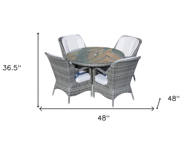 HomeRoots Five-Piece Gray Round Glass Dining Set – Stylish Comfort with Armchairs & Matching Sideboard for Any Space 389968