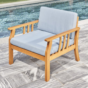 Homeroots 33" Natural Eucalyptus Slat Wood Outdoor Accent Chair With Aqua Cushion  Wood 389977