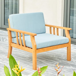 Homeroots 33" Natural Eucalyptus Slat Wood Outdoor Accent Chair With Aqua Cushion  Wood 389977