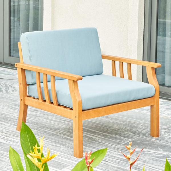 Homeroots 33" Natural Eucalyptus Slat Wood Outdoor Accent Chair With Aqua Cushion  Wood 389977
