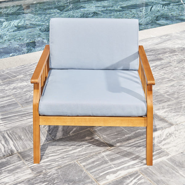 Homeroots 33" Natural Eucalyptus Slat Wood Outdoor Accent Chair With Aqua Cushion  Wood 389977