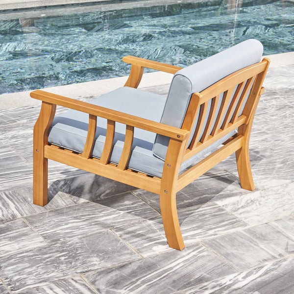 Homeroots 33" Natural Eucalyptus Slat Wood Outdoor Accent Chair With Aqua Cushion  Wood 389977